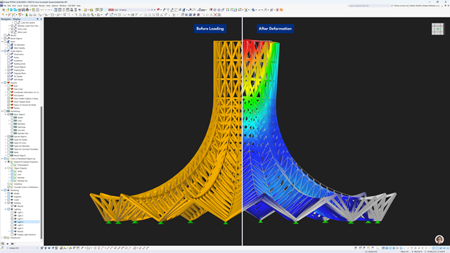 Poniższy rysunek przedstawia interfejs użytkownika programu RFEM 6, który jest używany do analizy statyczno-wytrzymałościowej i obliczeń. In the main area of the interface, there is a complex 3D model of a timber structure presented in two different styles: before and after deformation.